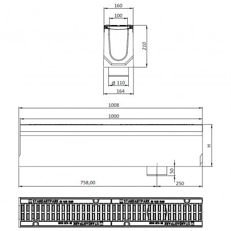 Polimerbetonski kanal FB PRO D400 DN100 H210 (vertikalni izlaz) sa pocinkovanim rubom