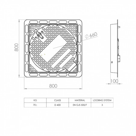 Capac gurii D400 dimensiune totala 800x800/Ø660