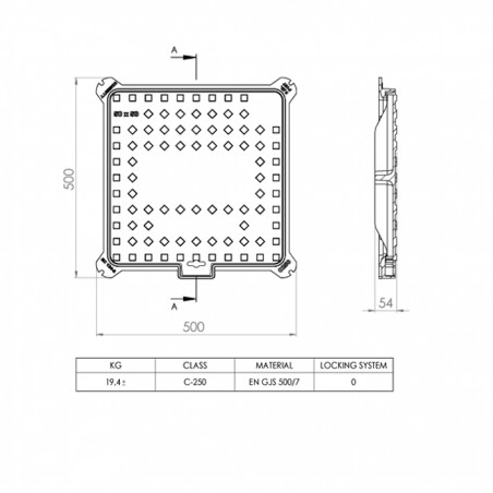 Manhole cover C250 overall size 500x500 H54