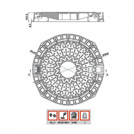 Capac gurii D400 dimensiune totala Ø808