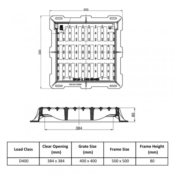 Cast iron sewage grate D400 400X400 flat 2