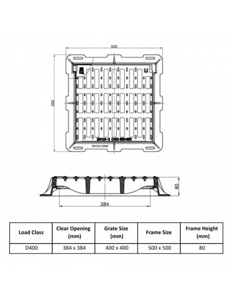 Cast iron sewage grate D400 400X400 flat