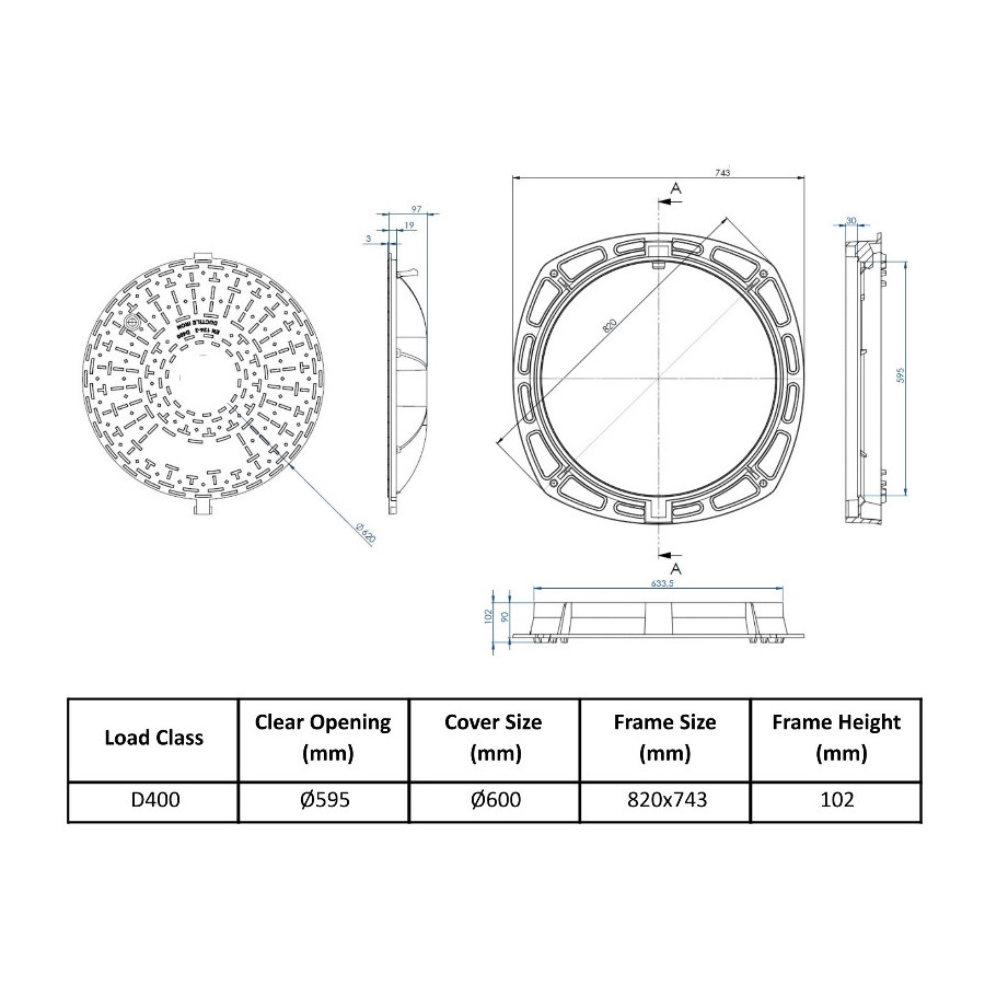Manhole cover Ø600 D400 /P/ H100 with holes...