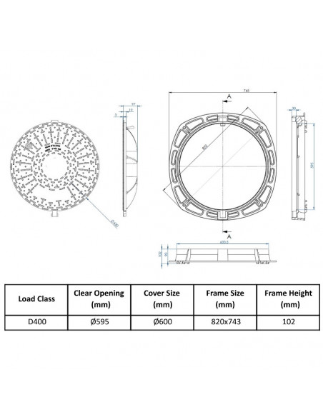 Manhole cover Ø600 D400 /P/ H100 with holes /RUBIN 2001/