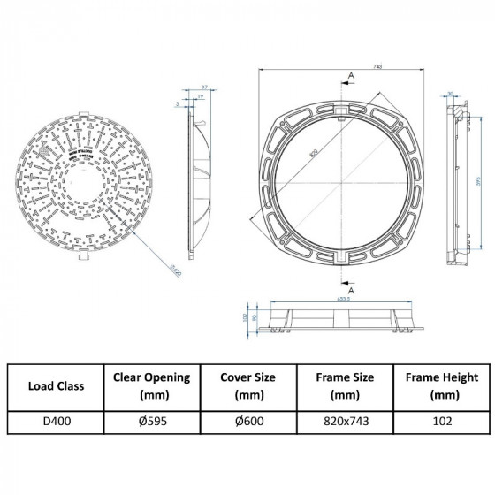 Manhole cover Ø600 D400 /P/ H100 /RUBIN 2001/ 2