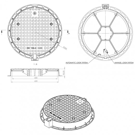 Manhole cover Ø600 D400 /P/ H95 with holes 2