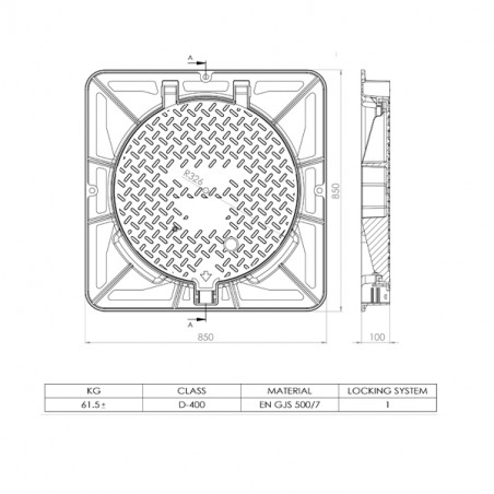 Capac gurii D400 dimensiune totala 850x850