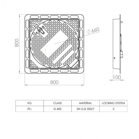 Capac gurii D400 dimensiune totala 800x800/Ø660